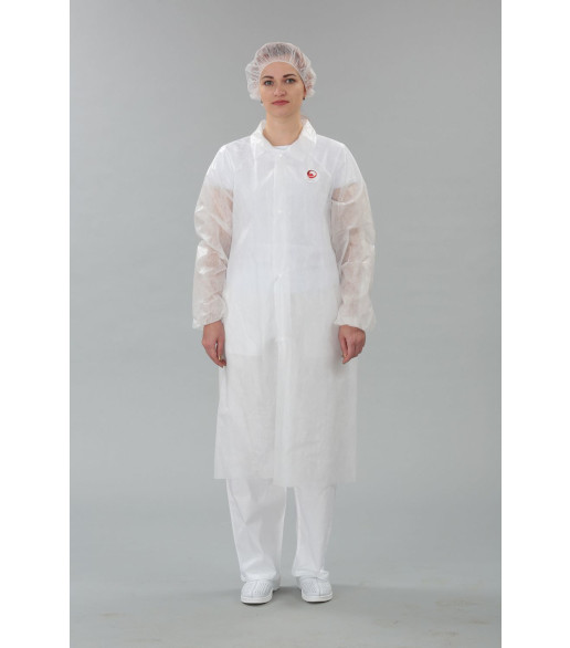 Халат одноразовый, застежка на липучках, рукав на резинке, пл. 25 г/м2, цвет белый